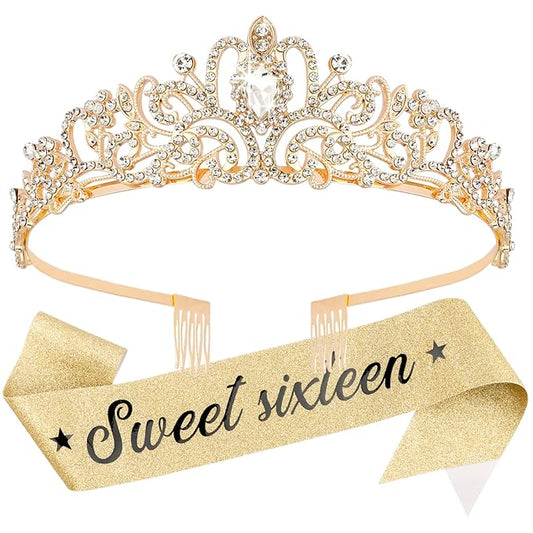 Sweet 16 Birthday Crown and Sash for Girls, Sweet 16th Sashes and Birthday Tiara Set, Sweet 16th Party Decorations Birthday Accessories for Women, Sweet 16 Gifts for Girls