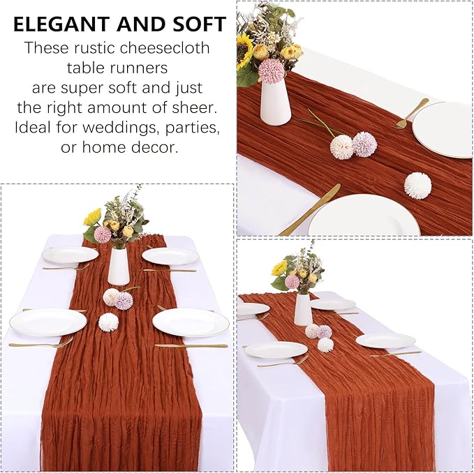 12 Pack Fall Table Runner Terracotta Cheesecloth 10FT Boho Gauze Fabric Burnt Orange Table Runner 35 x 120 Inch Rustic for Thanksgiving Wedding Decor Baby Shower Party Boho Decoration
