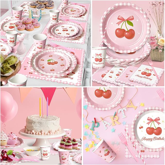 300 Pcs Cherry Plates and Napkins Tableware Set (Serves 50), Plates Napkins Cups Straws and Forks Sets, Cherry Party Birthday Supplies, Tropical Baby Shower Birthday Bridal Party Decorations