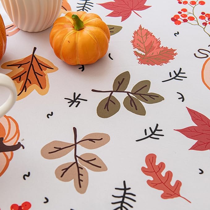 Thanksgiving Waterproof Tablecloth – Fall Harvest Pumpkins, Maple Leaves & Berries Print – Autumn Rectangle Table Cover for Dining or Party, White, 60" Round