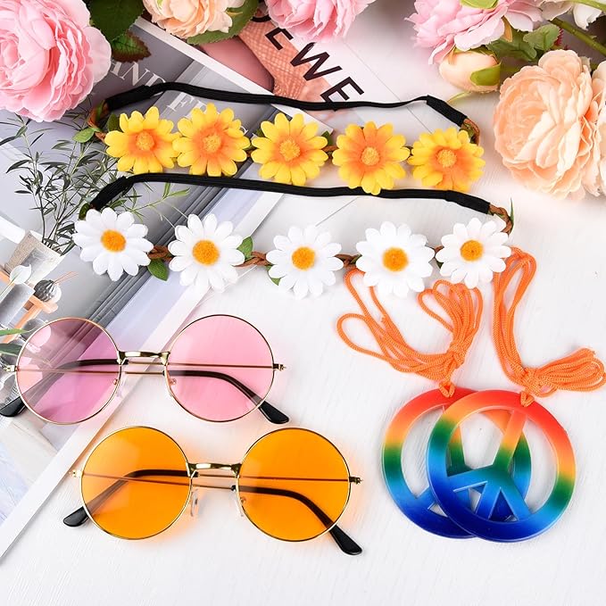 NEBURORA Hippie Costume Accessories Set 60s 70s Daisy Headband Peace Sign Necklaces Hippie Sunglasses for Carnival Party