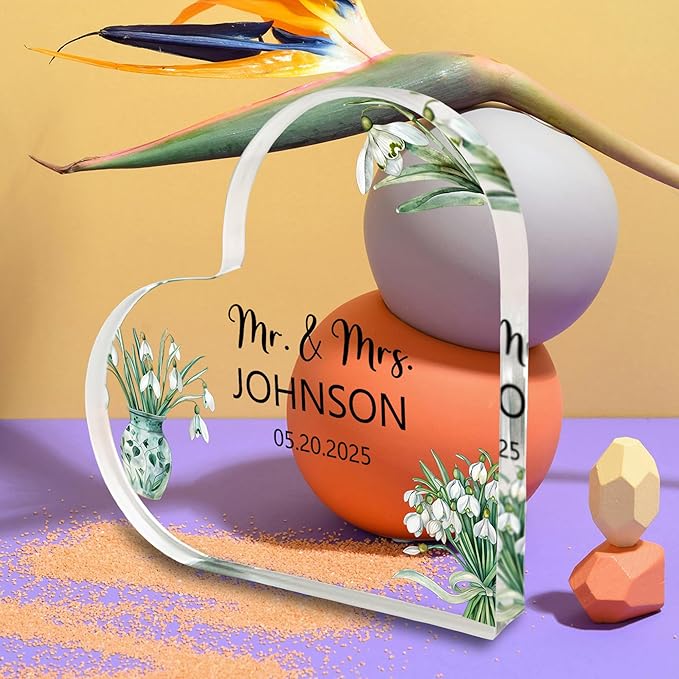 Custom Wedding Heart Acrylic Plaque,Mr & Mrs Cake Topper,Personalized Wedding Keepsake/Gift/Sign (Style 13)