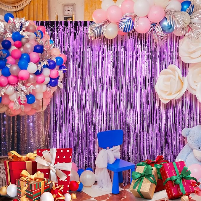 Crosize 7 Pack 3.3 x 9.9 ft Purple Foil Fringe Backdrop Curtain, Streamer Backdrop Curtains, Streamers Birthday Party Decorations, Tinsel Curtain for Parties, Galentines Decor