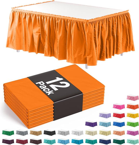 Exquisite Ruffle Table Skirt Orange 12 Pack 14 Ft Long Table Skirts for Rectangle Tables 6ft Plus or Round Tables Skirts with Adhesive Strip for Gender Reveal Decor & Happy Birthday Parties