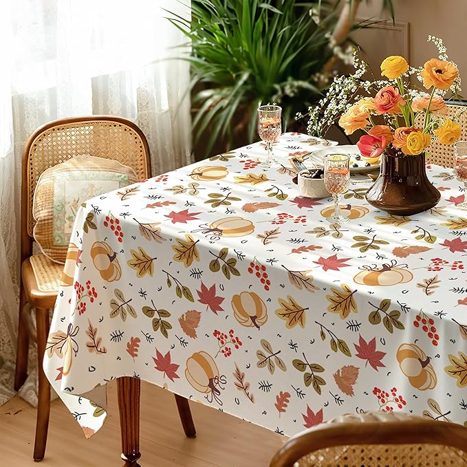 Thanksgiving Waterproof Tablecloth – Fall Harvest Pumpkins, Maple Leaves & Berries Print – Autumn Rectangle Table Cover for Dining or Party, White, W60 x L84 in