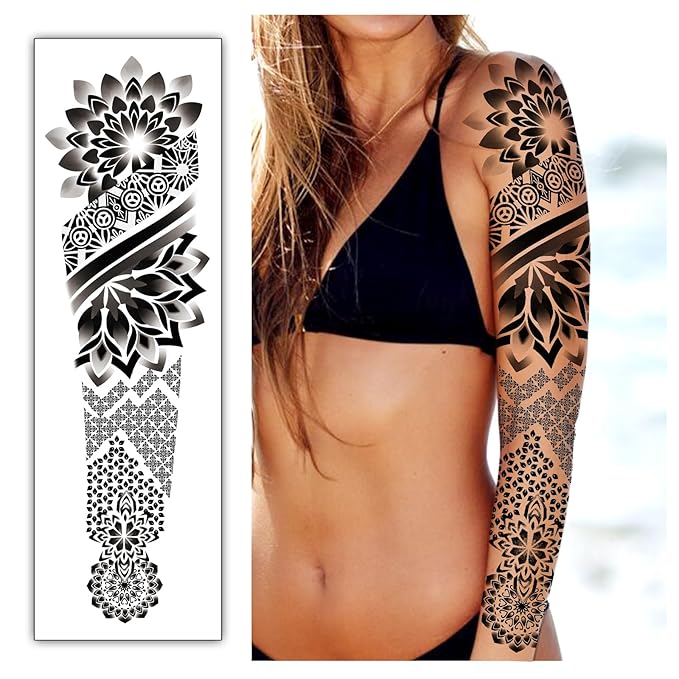 Yazhiji 48 Waterproof Temporary Tattoos For Adult, Mandala Vintage Black Lotus Temporary Tattoos for Men Women, Full Arm Fake Tattoo Bohemia Mandala Flower Fake Arm Tattoos for Boys Girls