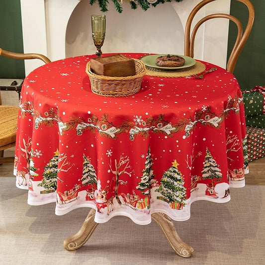 Christmas Waterproof Tablecloth – Red Holiday Table Cover with Santa Claus, Reindeer, Tree & Snowflake Design – Festive Dining Decor for Christmas Party and Home, 60" Round