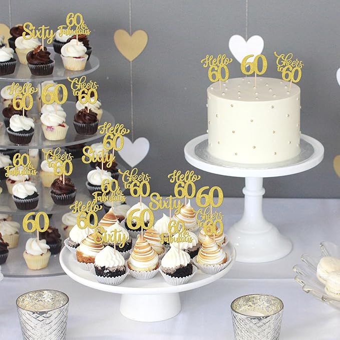 30PCS Happy 60th Birthday Cupcake Toppers Glitter Hello 60 Fabulous Sixty Cheers to 60 Years Old Birthday Cupcake Picks for Happy 60th Birthday Anniversary Party Cake Decorations Supplies Gold