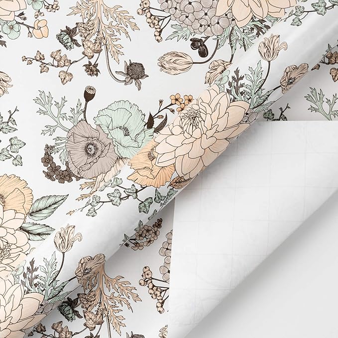 WRAPAHOLIC Floral Wrapping Paper - Mini Roll - 17 Inch X 33 Feet - Pearlized Vintage Floral Wedding Wrapping Paper for Birthday, Bridal Shower, Baby Shower