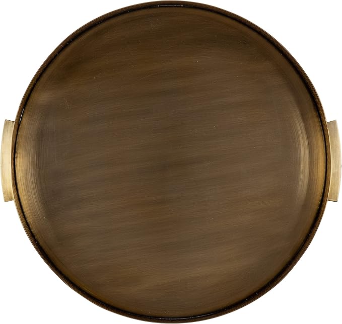 Kate and Laurel Samana Modern Glam Round Metal Tray; 17 Inch Diameter; Antique Brass; Circular Polished Decorative Tray with Hammered Surface and Minimalist Handles
