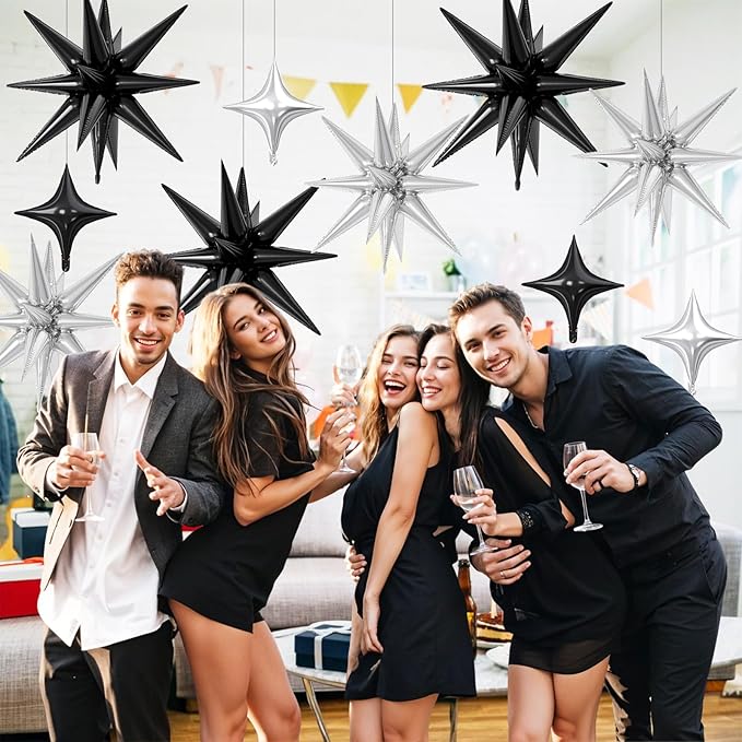 18 Pcs Black Silver Star Balloons, Silver and Black Balloon with 6 Pcs 22-Inch Explosion Star Balloons 12Pcs 10-Inch Four Pointed Stars Foil Balloon for Anniversary Birthday Party Decorations
