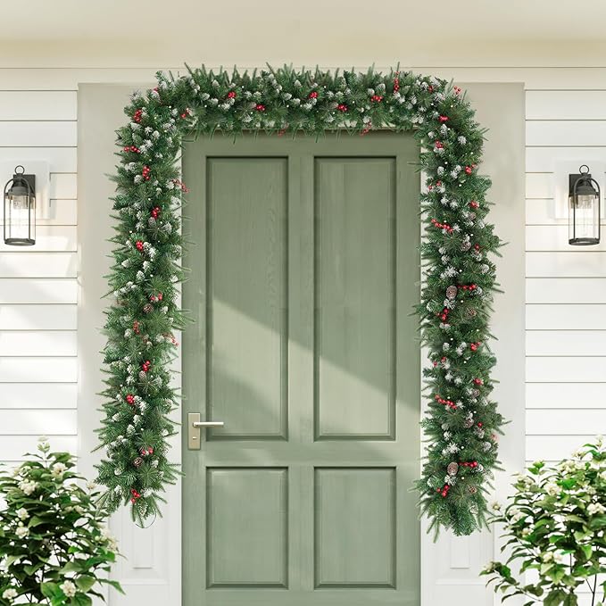 Christmas Garland with Prelit 9ft Christmas with 50 Warm White Lights, Pulg in, Snow PVC Mixed PE Pine Cones Red Berry Garland Xmas Decor for Stairs Wall Door Indoor Outdoor