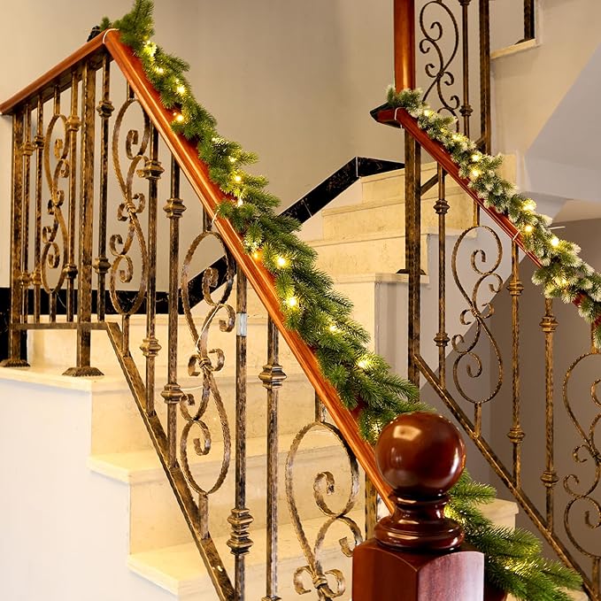 Christmas Garland with Lights 2PCS, 5.91Ft Lighted Garlands, Realistic Greenery Norfolk Pine,18 LED Lights Battery Powered, Timer Included Greenery Garland for Mantle Christmas Decorations