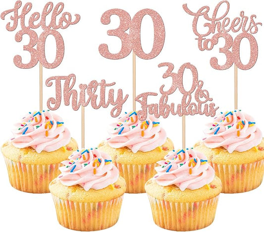 30PCS Happy 30th Birthday Cupcake Toppers Glitter Thirty Cheers to 30 Years Old Birthday Cupcake Picks Hello 30 Fabulous Cake Decorations for Happy 30th Birthday Anniversary Party Supplies Rose Gold