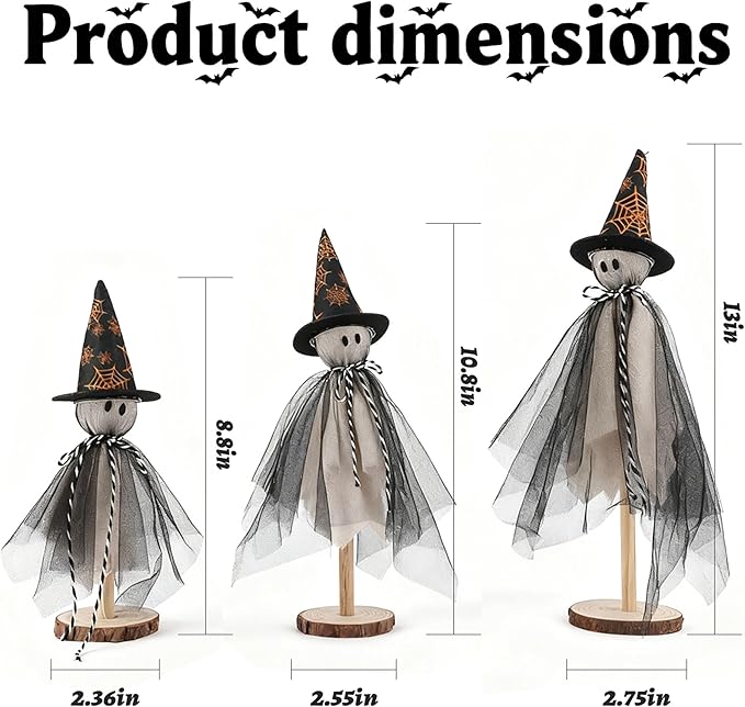 Halloween Decorations Indoor, Set of 3 Sizes Fabric Ghosts with Spiderweb Witch Hats, Primitive Wood Ghost Kit for Table Centerpiece Farmhouse Shelf Mantel Kitchen Home Decor (Black)