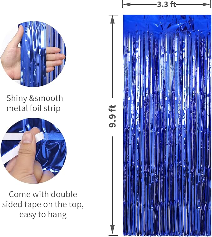 Crosize 3 Pack 3.3 x 9.9 ft Dark Blue Foil Fringe Backdrop Curtain, Streamer Backdrop Curtains, Streamers Birthday Party Decorations, Blue Tinsel Curtain for Parties, Galentines Decor, Baby Shower