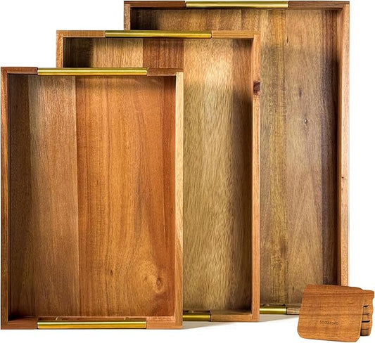 Acacia Wood Serving Tray - Set of 3 with Golden Steel Handles 18", 16" & 14" with 6 Coasters - for Coffee Table, Ottoman in Living Room, Breakfast in Bed, Jewelry, Decorative