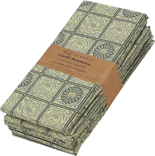 RUVANTI Cloth Napkins Set of 6 Cotton 100%, 18x18 Inches Napkins Cloth Washable, Soft, Absorbent. Cotton Napkins for Parties, Christmas, Thanksgiving, Weddings, Dinner Napkins Cloth - Floral Tiles