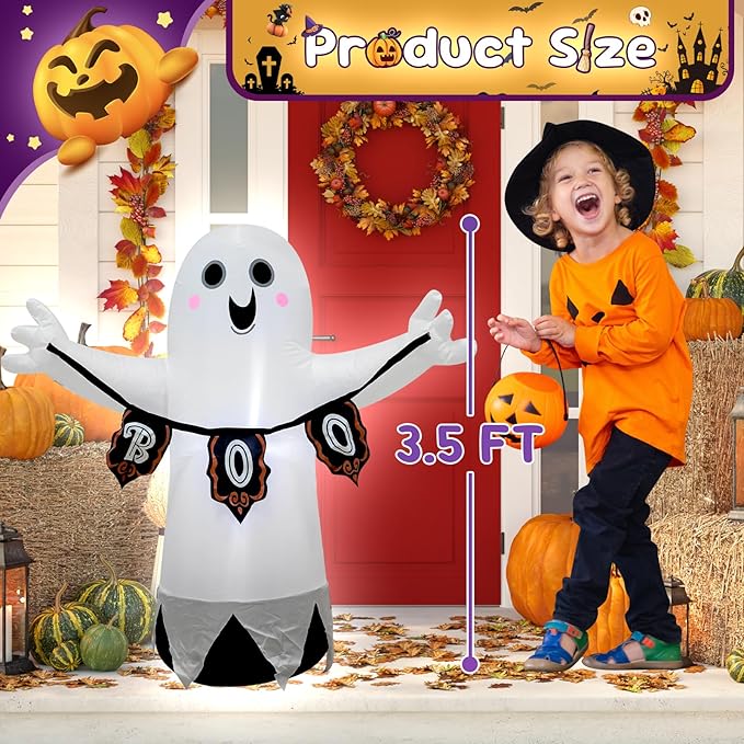 3.5FT White Ghost Halloween Inflatable Decor Halloween Blow Up Decor with LED Light Indoor Outdoor Graden Yard Party Holiday Decoration