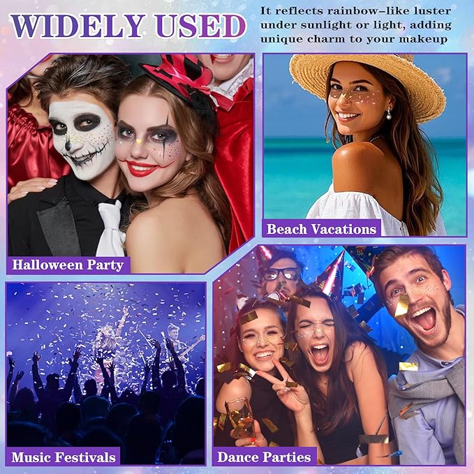 10PCS Holographic Multicolor Glitter Freckles Face Tattoos, Sparkle Freckles Makeup Patches, Long Lasting Waterproof Face Glitter Temporary Tattoos