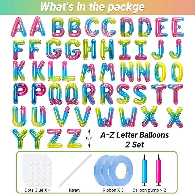 LIOZEOKUN Letter Balloons 16 Inch Alphabet A-Z Mylar Foil Balloons 2 Set for Wedding Birthday Party Decoration Banner Custom Phrase 52 Pcs
