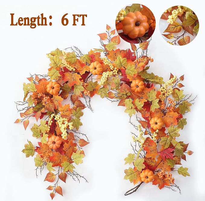 MIZII Fall Decor Artificial Maples Leaf Pumpkin Garland 6FT Autumn Maple Vines Garland Thanksgiving Halloween Harvest Decorations for Home Porch Mantle Fireplace Farmhouse Outdoor Indoor (6FT,Maple)