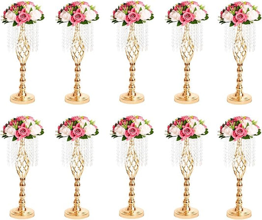 Metal Flower Stands with Crystal Beads, Wedding Centerpieces for Table Decorations, Elegant Metal Flower Arrangement Stands, Flower Vases for Wedding Party Celebration Home Decor (Gold-10pcs)