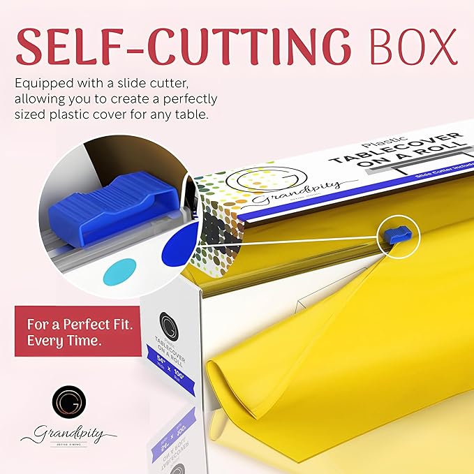 Grandipity Plastic Tablecloth Roll - 54in x 100 Ft. Yellow Plastic Table Cloths for Parties Disposable with Cutter Box - Cut to Size Disposable Tablecloth Table Cover for Rectangle & Round