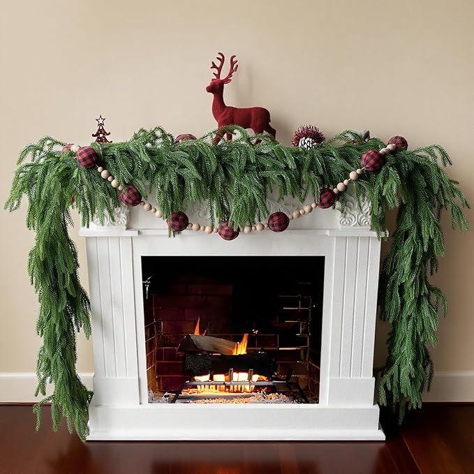 Artificial 2Pcs 6Ft Norfolk Pine Garlands, Christmas Winter Pine Garland, Real Touch Faux Green Greenery Garland for Table, Fireplace, Stairs, Mantle, Window, Indoor, Outdoor Christmas Decorations