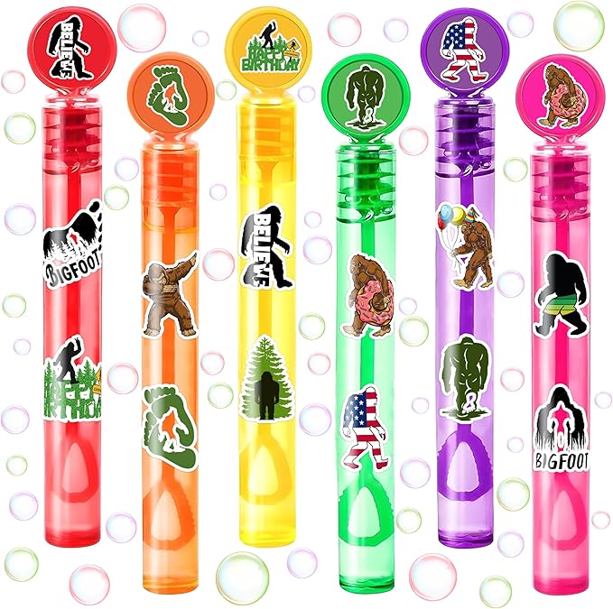 24PCS Bigfoot DIY Bubble Wands with 96PCS Stickers - Party Favor for Goodie Bags, Pinata Stuffers, Mini Bubble Bulk Birthday Supplies, Toys Gifts, Class Prizes for Toddlers, Boys & Girls