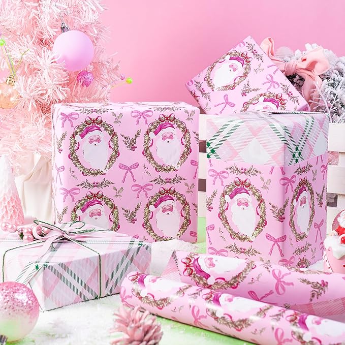 RUSPEPA Reversible Christmas Wrapping Paper Roll, Mini Roll, Pink Santa Claus, Floral Wreath, Bow Design, Green Pink Plaid Gift Wrap for Girls, Kids, Family, Holiday Gifts, 17 Inches x 32.8 Feet