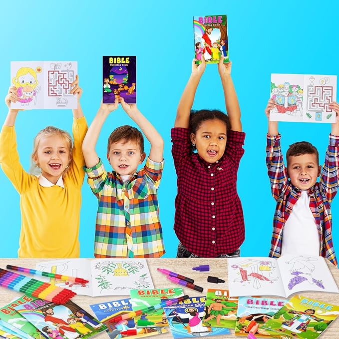 BenLouis 24 Christian Mini Coloring Books Kids with 24 Stacking Crayons Bible Verse Party Favors Activity Books Bulk for Kids Christmas Religious Goodie Bag Gift Stuffer Classroom Reward
