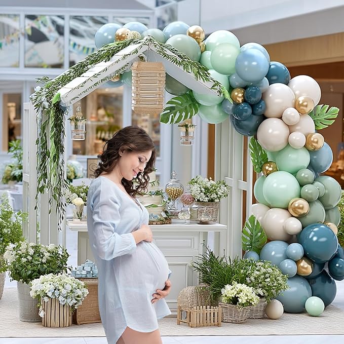 Sage Green Dust Blue Balloon Arch Kit Double Fill Olive Green White Sand Beige Gold Balloons Garland for Jungle Safari Birthday Baby Shower Wedding Party Decorations