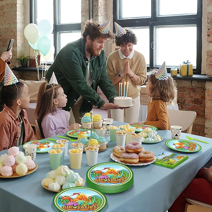 96 PCS Dinosaur Party Supplies - Birthday Tableware Set With Plates, Napkins, Forks for 24 Guests - Dino Themed Decorations