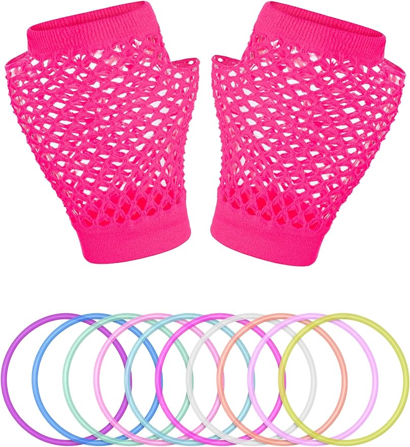 80S Fancy Dress Costume Accessories Headband Errings Fishnet Gloves Necklace Bracelt Leg Warmers Party Outfit Set
