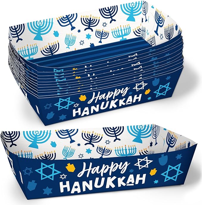 Big Dot of Happiness Hanukkah Paper Food Trays, Disposable Food Boats, Chanukah Holiday Party Decor, Double-Sided Meal Holders for Hanukkah - 12 Ct