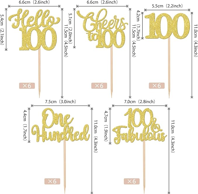 30PCS Happy 100th Birthday Cupcake Toppers One Hundred Cheers to 100 Years Birthday Cupcake Picks Hello 100 Fabulous Cake Decorations for Happy 100th Birthday Anniversary Party Supplies Gold