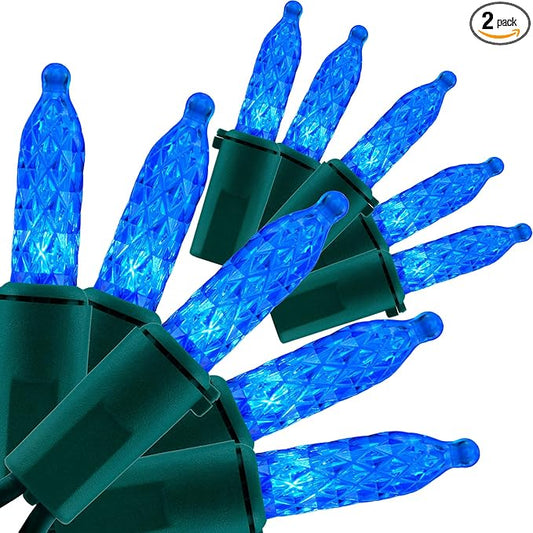 YULETIME Blue Faceted LED Christmas Lights 200 Count 50 ft, Pack of 2 Strands 25 ft 100 Lights UL Certified Commercial Grade Green Wire Holiday String Light Set (Blue)