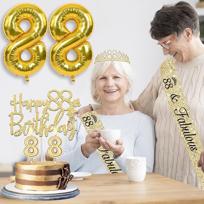 88th Birthday Decorations for Women Gold with 88th Birthday Sash and Tiara, Cake Topper and Candles, Number Balloons, 88 Year Old Gifts for Women