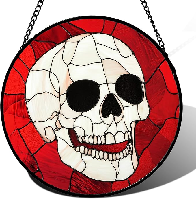 Stained Glass Window Hanging - Halloween Decoration White Skeleton Skull Suncatcher for Door Garden Spooky Red Sun Catchers Gothic Decor Horror Gifts for Women Men Friend Boy Girl 6.3 in