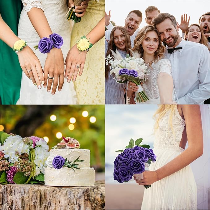 100PCS Dark purple Artificial Flowers Realistic Roses, Real Looking Fake Roses with Stem for DIY Wedding Bouquets Centerpieces Bridal Shower Party Home Romantic Decorations (Dark purple, 100pcs)