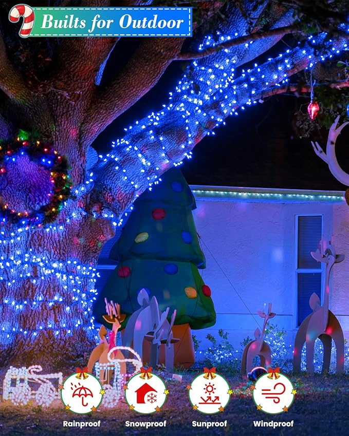 LED Christmas Lights, Extra Long Outdoor String Lights Waterproof, Timer & Memory, 8 Modes Dimmable Plug in Fairy for Outside Tree Wedding Patry (Blue, 125FT 380LED)