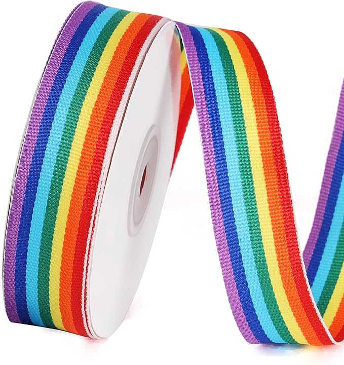 1 inch 25 Yards Stripe Grosgrain Rainbow Ribbon, Wide Double Face Rainbow Grosgrain Roll, Ribbon for Gift Wrapping, Wedding Decor, Pride Birthday Party Decoration & DIY Crafts
