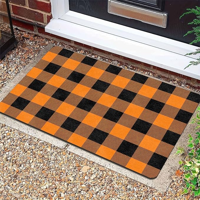 InterestPrint Fall Welcome Buffalo Plaid Door Mat Front Door Outdoor Doormat Outside Entrance Porch Non Slip Rubber Rug Autumn Halloween Thanksgiving Farmhouse Decor