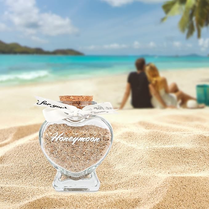 Honeymoon Sand Keepsake Jar - Honeymoon Gifts,Wedding Gift for Newlywed Couples and Bride To Be - Bridal Shower Registry Travel Gift. (White-Heart Shaped Jar)