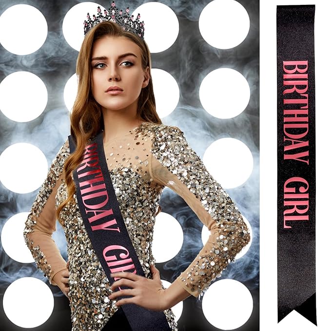 Velscrun Pink-Black Crystal Birthday Tiara Crowns for Women Girls Elegant Princess Crown with Combs Birthday Girl Headband Sash Happy Birth Party Decorations Birth Gift Hair Accessories