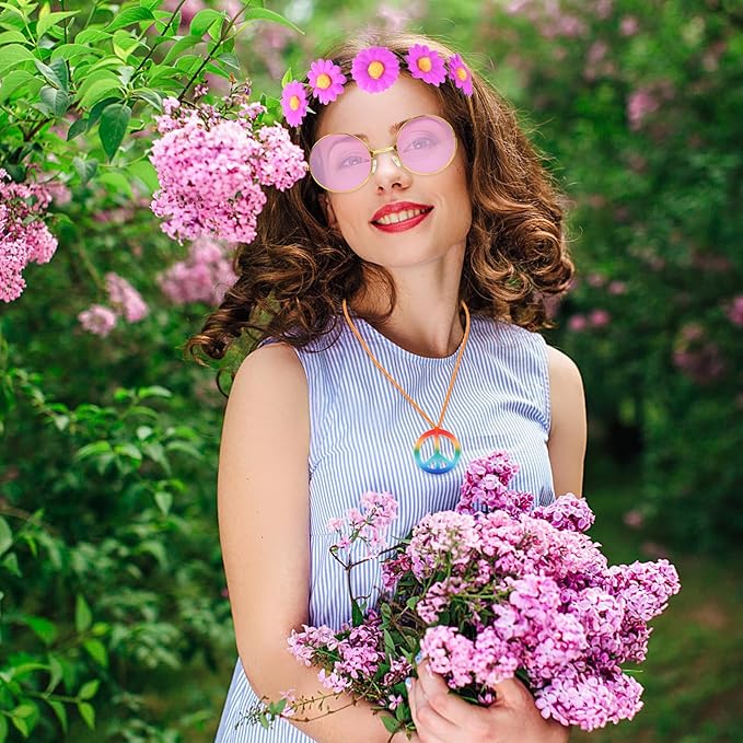 CHRORINE 24 Pcs Hippie Costume Accessory Set for Hippie Party Decorations Includes Flower Headbands Round Hippie Sunglasses Peace Sign Necklace