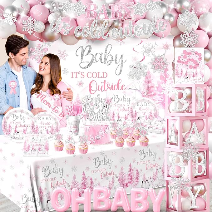 Baby Its Cold Outside Baby Shower Decorations,Pink Winter Wonderland Baby Shower Decorations Plates Napkins Cup Backdrop Banner Swirls Tablecloth Balloons Box for Girl Winter baby shower Decorations