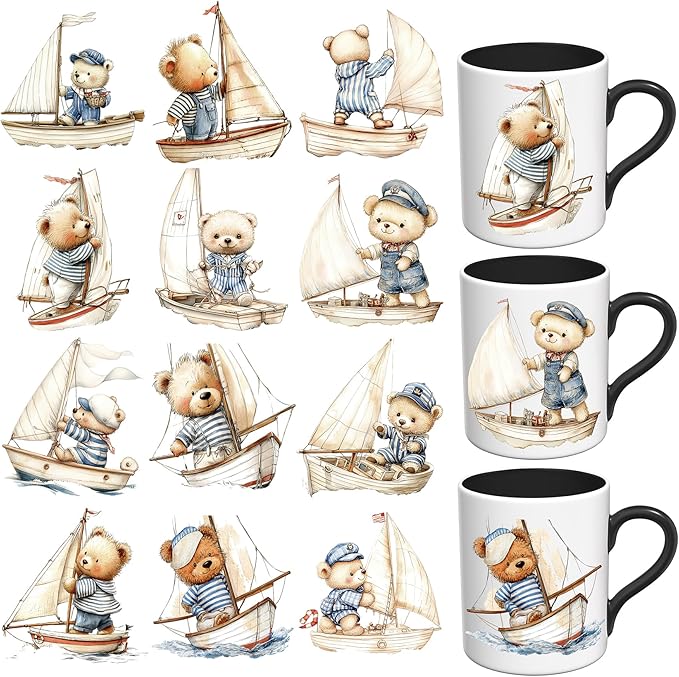 UV DTF Stickers - 12 Sheets Sailor Teddy UV DTF Cup Wrap for Coffee Mugs Glass, DIY Decals for Tumblers, Waterproof Rub on Transfers for Crafts