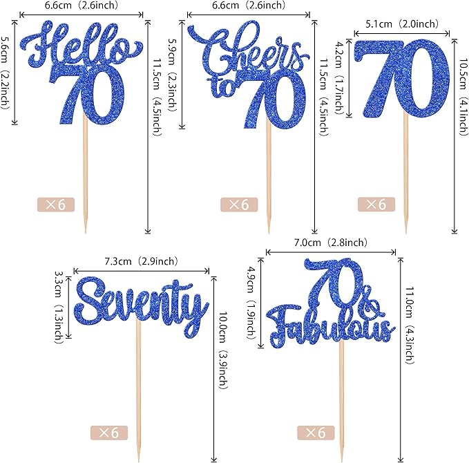 30PCS Happy 70th Birthday Cupcake Toppers Glitter Hello 70 Fabulous Seventy Cheers to 70 Years Old Birthday Cupcake Picks for Happy 70th Birthday Anniversary Party Cake Decorations Supplies Blue